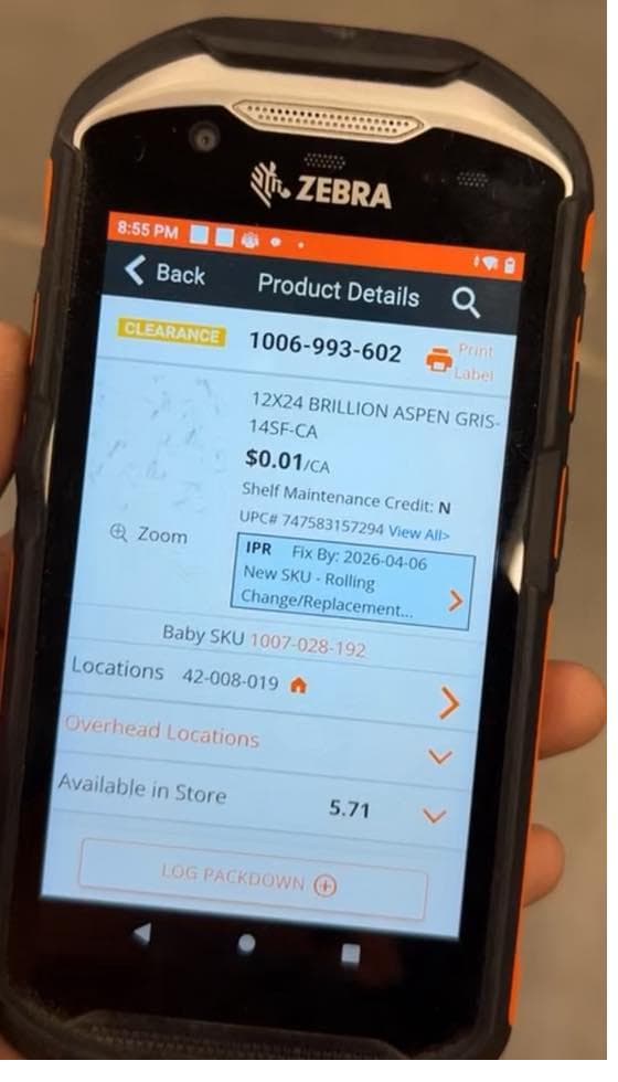 First Phone lookup screen for Brillion Aspen Gris tile showing 5.71 cases on hand at $0.01 per case