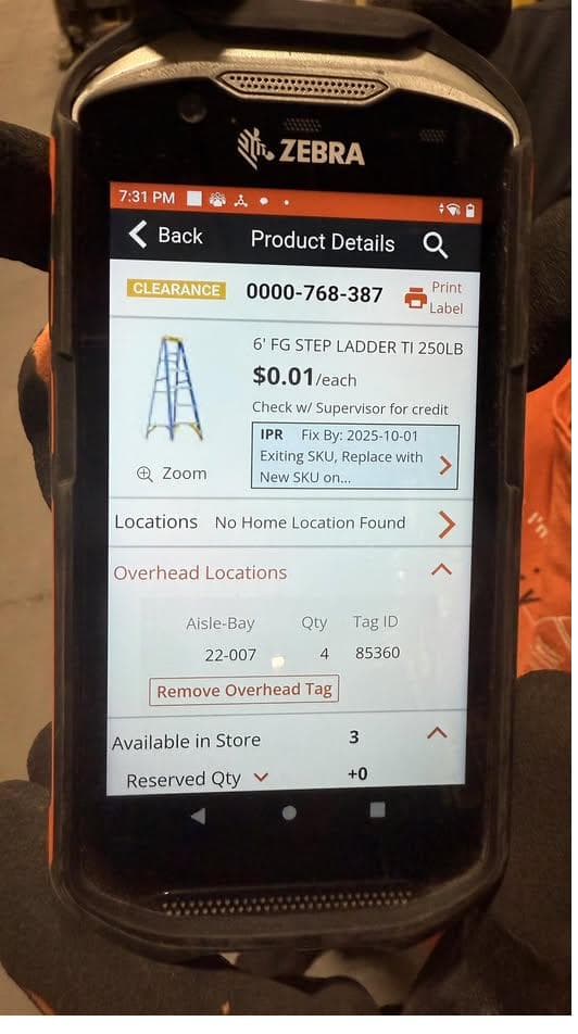 Home Depot First Phone handheld screen showing an item priced at $0.01 with No Home Location Found