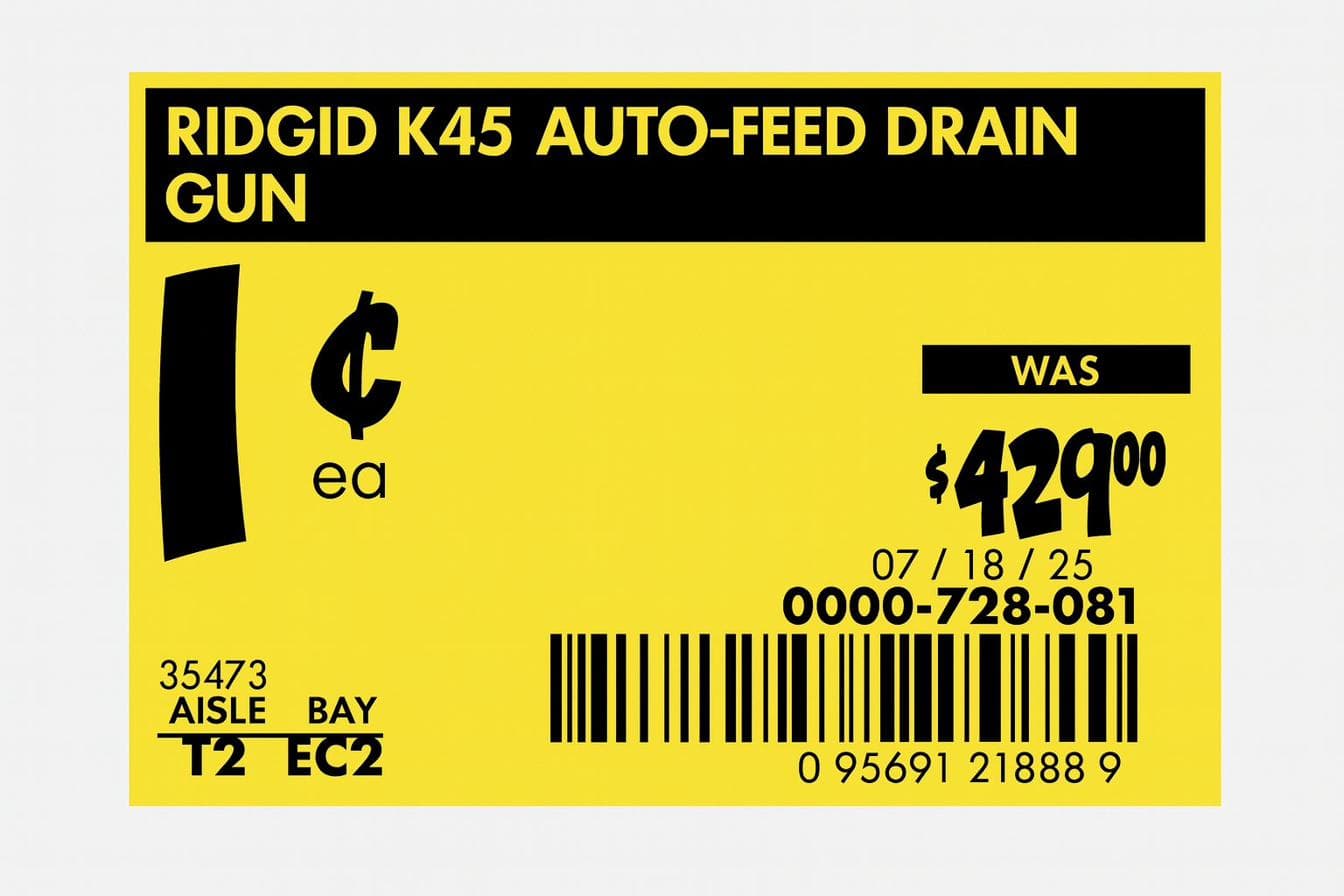 Yellow Home Depot clearance tag marked $0.01 on a Ridgid K-45 drain gun box