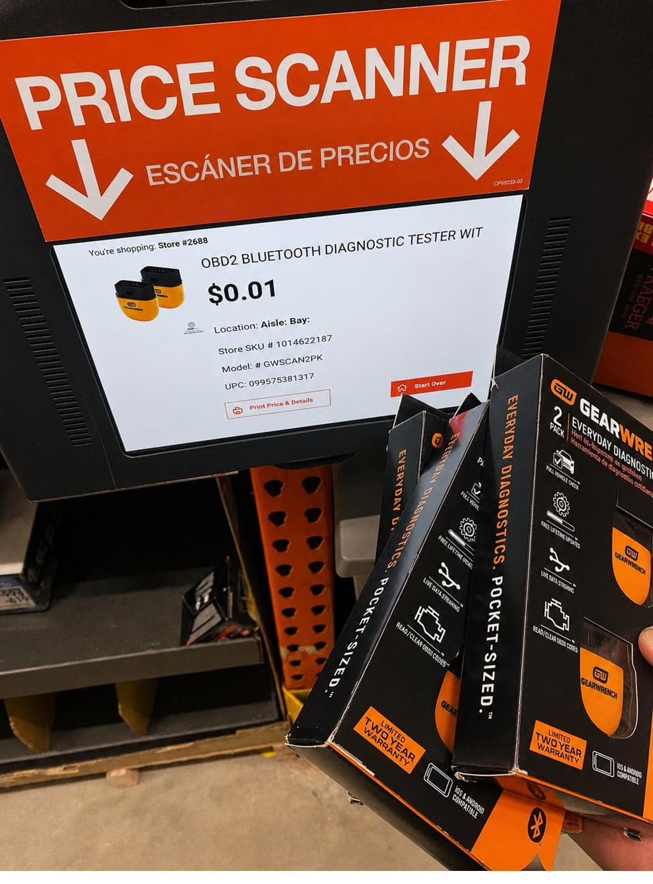 In-aisle Home Depot price scanner screen showing a $0.01 result