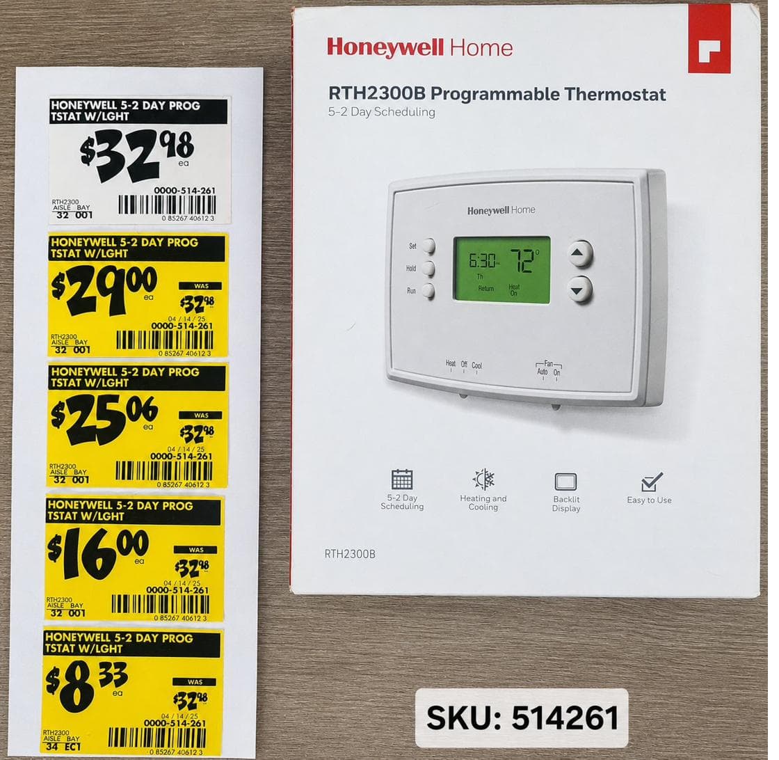 Five clearance tags for the same Honeywell thermostat showing markdown stages from $32.98 down to $8.33