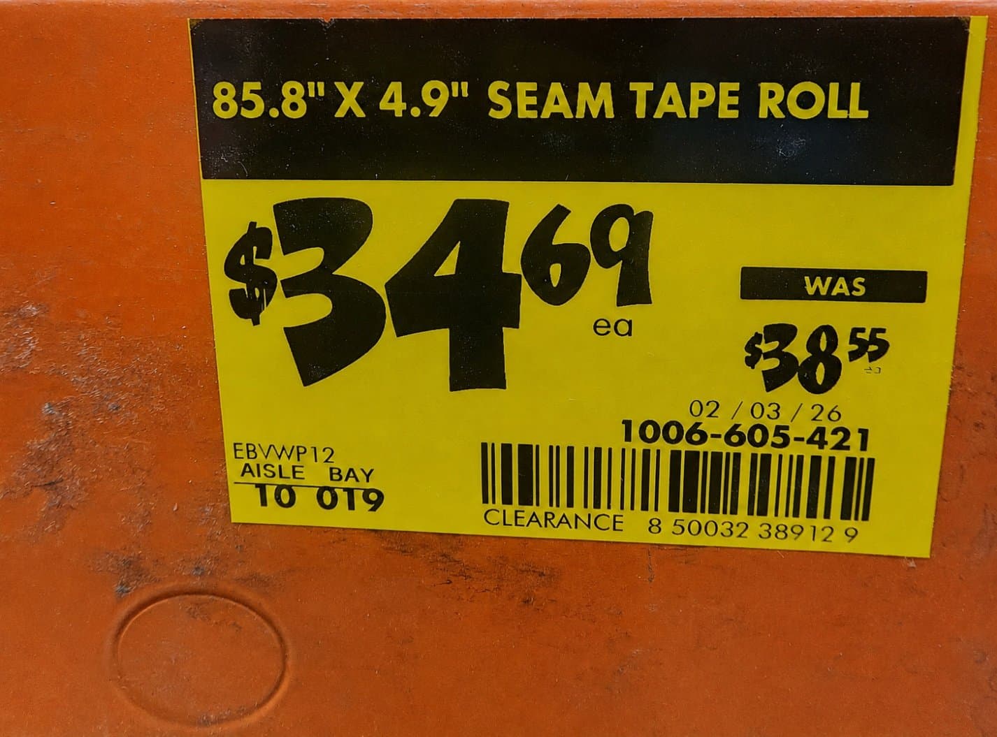 Newer-style yellow Home Depot clearance tag with the word CLEARANCE printed on it